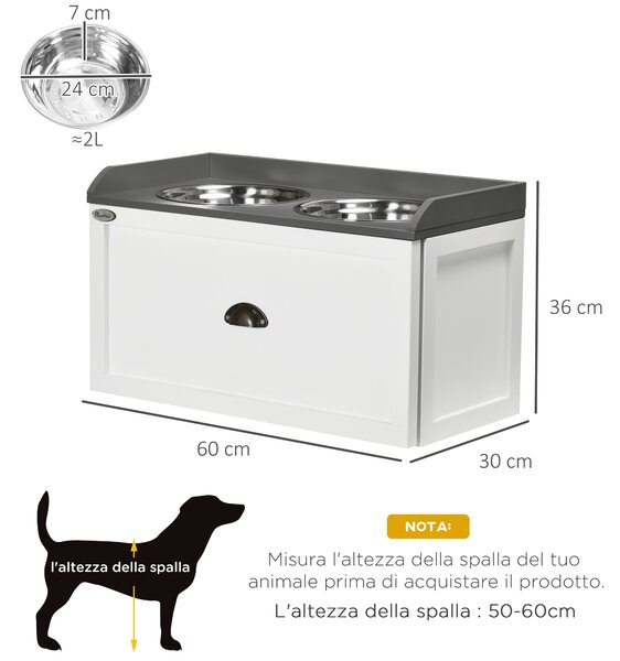 PawHut Ciotole per Cani Rialzate in Acciaio Inox e Legno con Cassetto, 60x30x36cm, Bianco e Grigio|Aosom