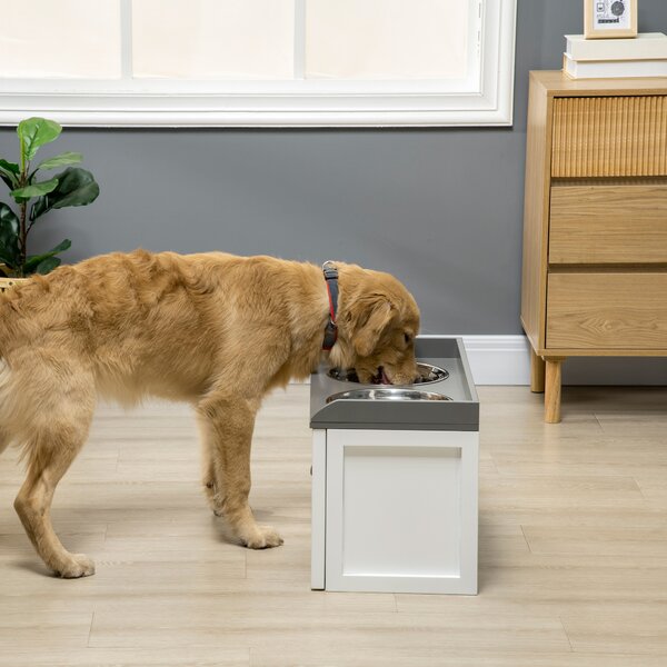PawHut Ciotole per Cani Rialzate in Acciaio Inox e Legno con Cassetto, 60x30x36cm, Bianco e Grigio|Aosom