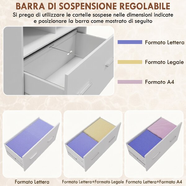 HOMCOM Mobile Archivio Laterale con Ruote e Ripiano Aperto, Ampio Cassetto, Barra Regolabile Bianco | Aosom Italy