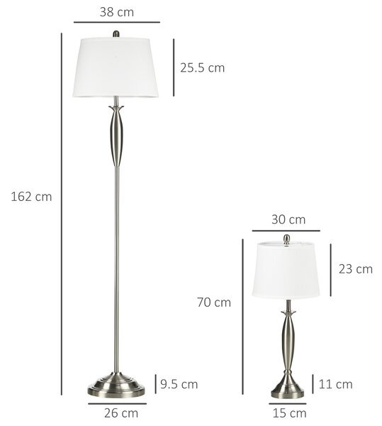 HOMCOM Set con Lampada da Terra e Lampada da Tavolo in Acciaio e Tessuto, Bianco e Argento|Aosom