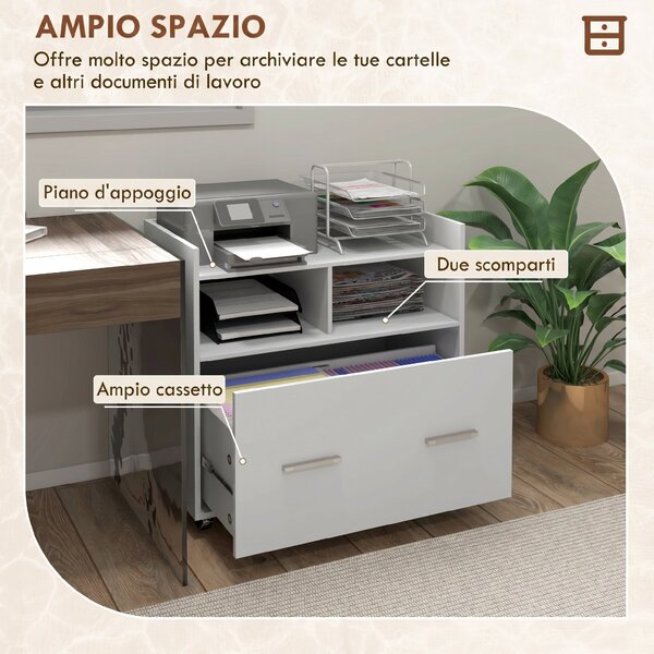 HOMCOM Mobile Archivio Laterale con Ruote e Ripiano Aperto, Ampio Cassetto, Barra Regolabile Bianco | Aosom Italy