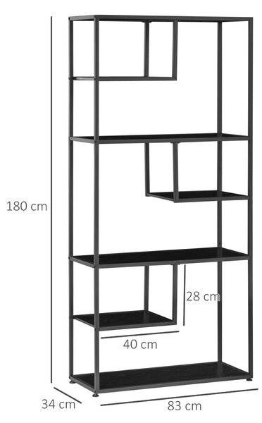 HOMCOM Mobile Libreria a 7 Livelli in Truciolato e Acciaio per Soggiorno, Camera da Letto e Ufficio, in stile Industriale, 83x34x180 cm, Nero|Aosom