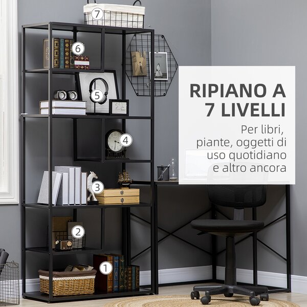 HOMCOM Mobile Libreria a 7 Livelli in Truciolato e Acciaio per Soggiorno, Camera da Letto e Ufficio, in stile Industriale, 83x34x180 cm, Nero|Aosom