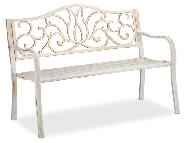 Panchina da giardino Relaxdays in stile antico per 2 persone, per balcone o terrazza, in metallo, dimensioni L 90 x P 127,5 x A 63 cm, acciaio e ghisa, bianco-bronzo