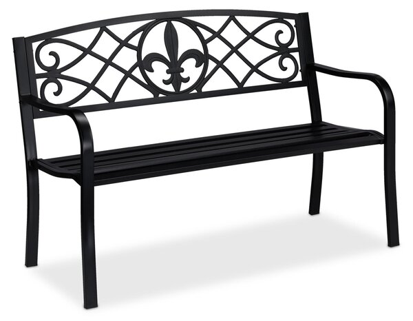 Panchina da giardino Relaxdays, motivo Fleur de Lis, a due posti, in acciaio, per giardino e terrazza, A x L x P: 86 x 127 x 60 cm, nera