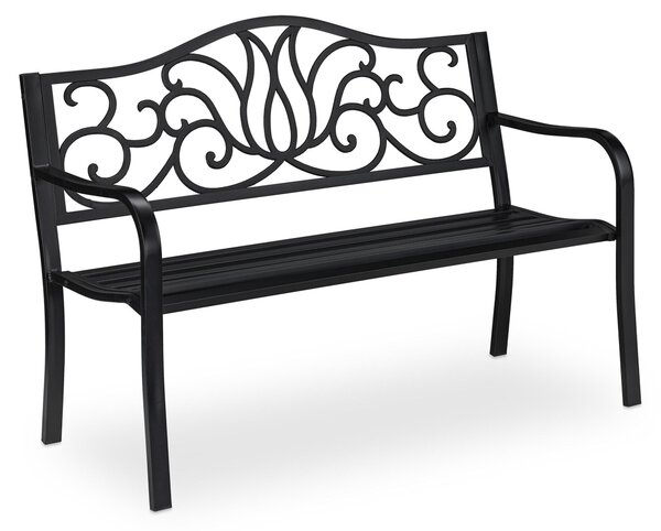 Panchina da giardino Relaxdays in stile antico per 2 persone, per balcone o terrazza, in metallo, dimensioni L 90 x P 127,5 x A 63 cm, acciaio e ghisa, nera