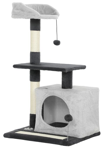 PawHut Albero Tiragraffi per Gatti Alto 85 cm con Casetta, Lettino, Pali e Tappetino Tiragraffi, Grigio | Aosom Italy