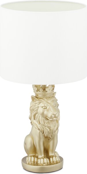 Lampada da tavolo Relaxdays "Leone", lampada da tavolo con paralume in tessuto, E27, elegante lampada da comodino, A x P: 47,5 x 25 cm, bianco/oro