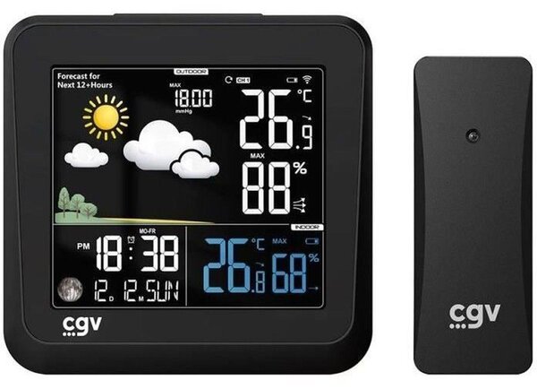CGV 19001, nero, igrometro per interni, termometro per interni, igrometro per esterni, termometro per esterni, misuratore di umidità, termometro, misuratore di umidità, LCD, batteria
