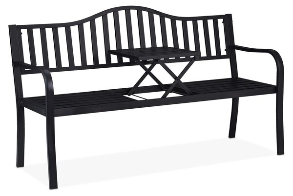 Panchina da giardino Relaxdays con tavolino ribaltabile, a 3 posti, robusta, da giardino, in metallo, per balcone, L x P x A 89 x 150 x 58,5 cm, nera