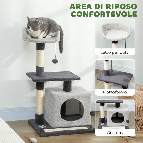 PawHut Albero Tiragraffi per Gatti Alto 85 cm con Casetta, Lettino, Pali e Tappetino Tiragraffi, Grigio | Aosom Italy