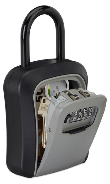 Cassetta di sicurezza per chiavi, codice numerico a 4 cifre, gancio per appendere, per esterni, A x L x P 17,5 x 9,5 x 4 cm, nero/grigio