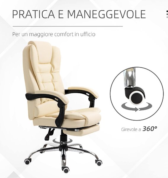 Icon Space Sedia da Ufficio con Ruote e Braccioli Reclinabile con Poggiapiedi e Poggiatesta in Ecopelle colore Crema