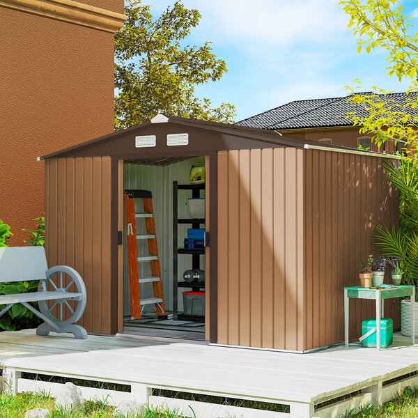 Outsunny Capanno da Giardino con Doppie Porte Scorrevoli e Kit per Base, Casetta per Attrezzi in Acciaio, 277x195x192cm, Giallo | Aosom Italy
