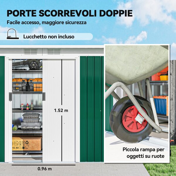 Outsunny Casetta da Giardino Porta Utensili in Lamiera di Acciaio con Porte Scorrevoli, 280x130x172cm, Verde Scuro|Aosom