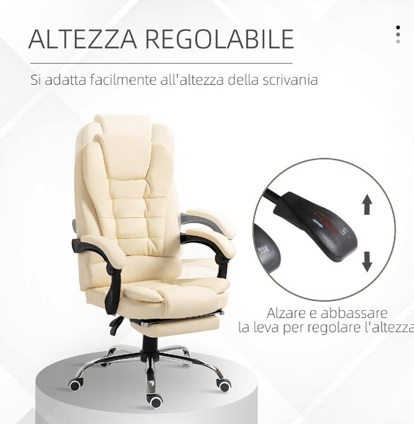 Icon Space Sedia da Ufficio con Ruote e Braccioli Reclinabile con Poggiapiedi e Poggiatesta in Ecopelle colore Crema