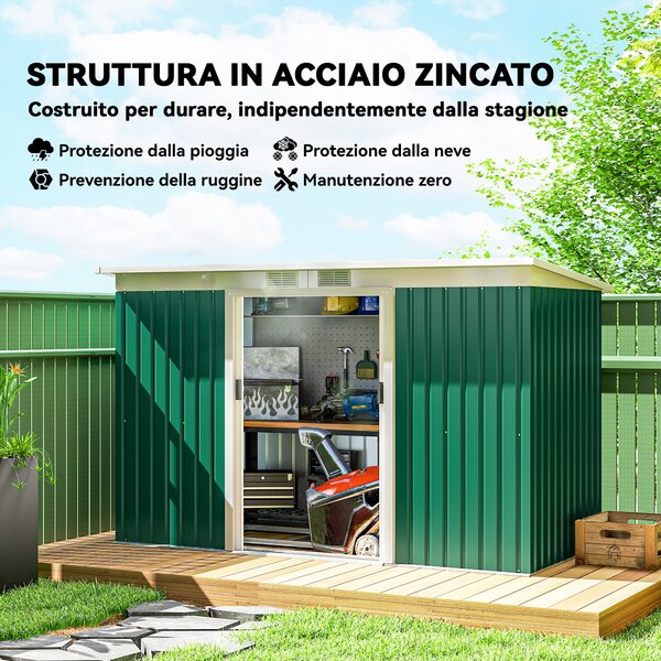 Outsunny Casetta da Giardino Porta Utensili in Lamiera di Acciaio con Porte Scorrevoli, 280x130x172cm, Verde Scuro|Aosom