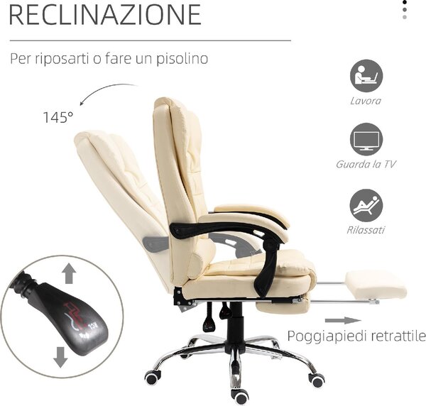 Icon Space Sedia da Ufficio con Ruote e Braccioli Reclinabile con Poggiapiedi e Poggiatesta in Ecopelle colore Crema