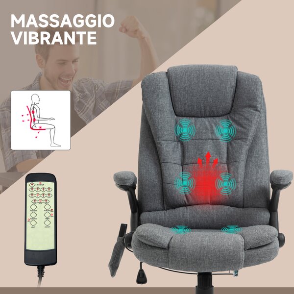 Vinsetto Poltrona da Ufficio Massaggiante Riscaldante con Altezza Regolabile, Schienale Inclinabile, in Tessutto Effetto Lino, Grigia | Aosom Italy