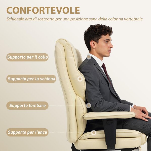 Icon Space Sedia da Ufficio con Ruote e Braccioli Reclinabile con Poggiapiedi e Poggiatesta in Ecopelle colore Crema