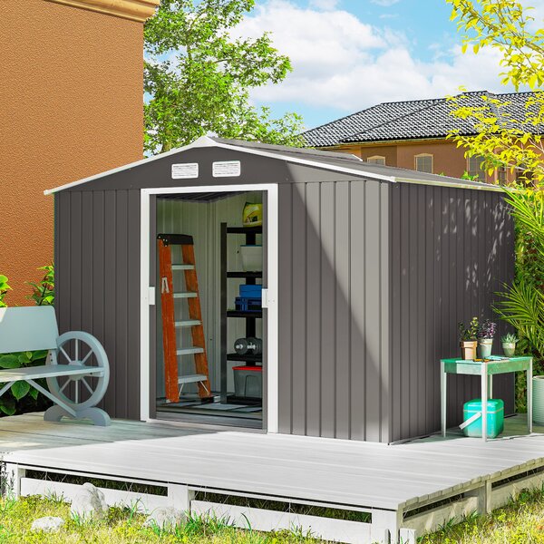 Outsunny Casetta da Giardino con 2 Porte Scorrevoli e 4 prese d'aria di Acciaio, Capanno Attrezzi in Acciaio, 277x195x192cm, Grigio | Aosom Italy