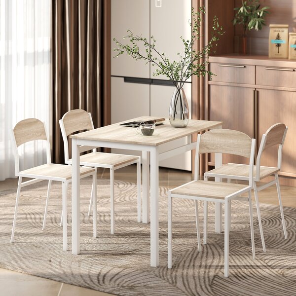 Homcom Set da Pranzo Tavolo e 4 Sedie in Metallo e MDF, Bianco e Legno|Aosom