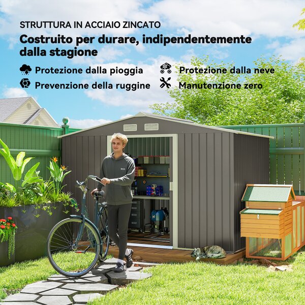Outsunny Casetta da Giardino con 2 Porte Scorrevoli e 4 prese d'aria di Acciaio, Capanno Attrezzi in Acciaio, 277x195x192cm, Grigio | Aosom Italy