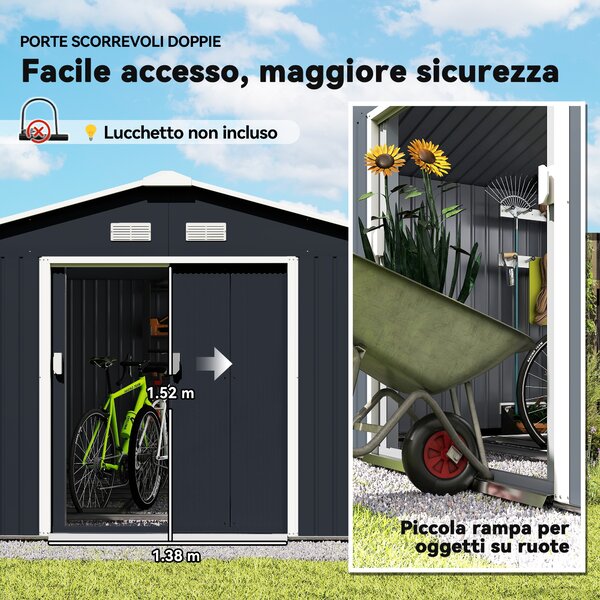 Outsunny Capanno da Giardino con Doppie Porte Scorrevoli e 4 prese d'aria, Casetta Attrezzi in Acciaio, 340x386x200 cm, Grigio | Aosom Italy