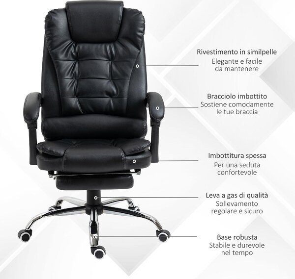 Icon Space Sedia da Ufficio con Ruote e Braccioli Reclinabile con Poggiapiedi e Poggiatesta in Ecopelle colore Nero