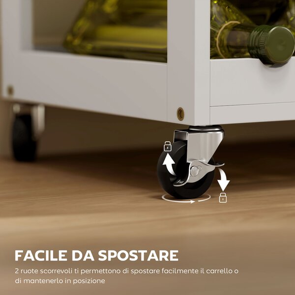 HOMCOM Carrelli Portavivande, Carrellino per Cucina in Legno Bianco con Portabottiglie 1 Cassetto e 3 Antine, 67x37x87cm|Aosom