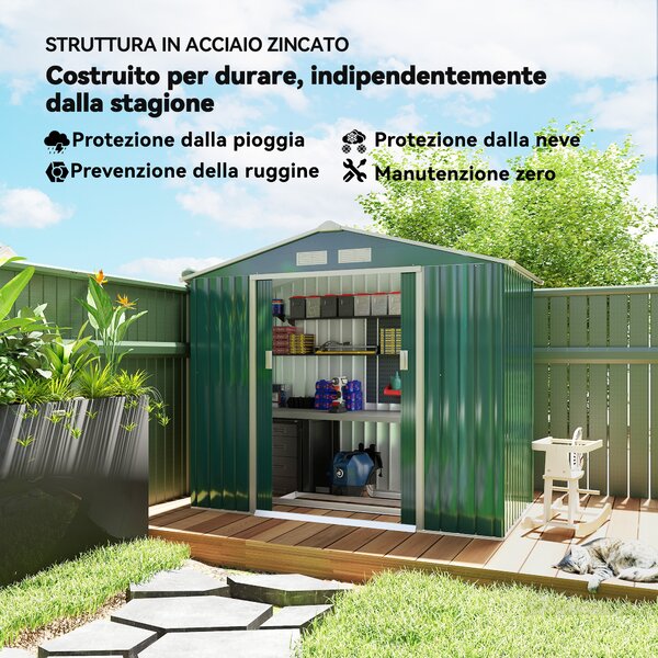 Outsunny Casetta da Giardino Porta Utensili in Lamiera con Porte Scorrevoli, 213x130x185cm, Verde|Aosom