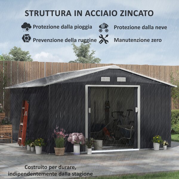 Outsunny Capanno da Giardino con Doppie Porte Scorrevoli e 4 prese d'aria, Casetta Attrezzi in Acciaio, 340x386x200 cm, Grigio | Aosom Italy