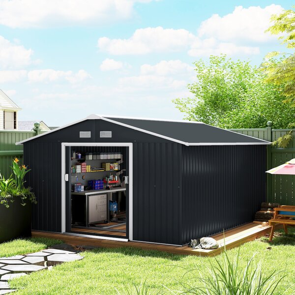 Outsunny Capanno da Giardino con Doppie Porte Scorrevoli e 4 prese d'aria, Casetta Attrezzi in Acciaio, 340x386x200 cm, Grigio | Aosom Italy