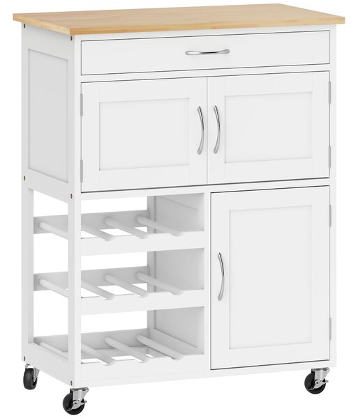 HOMCOM Carrelli Portavivande, Carrellino per Cucina in Legno Bianco con Portabottiglie 1 Cassetto e 3 Antine, 67x37x87cm|Aosom