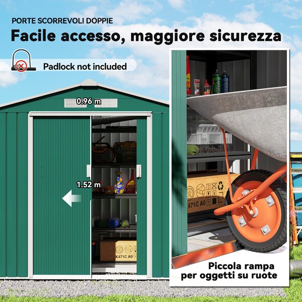 Outsunny Casetta da Giardino Porta Utensili in Lamiera con Porte Scorrevoli, 213x130x185cm, Verde|Aosom