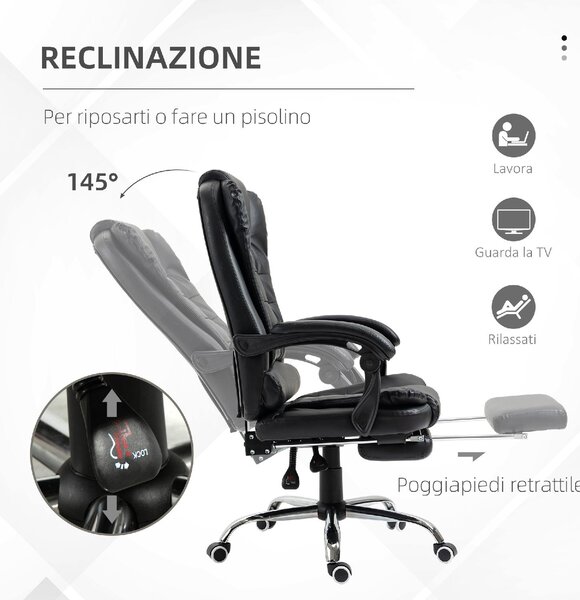 Icon Space Sedia da Ufficio con Ruote e Braccioli Reclinabile con Poggiapiedi e Poggiatesta in Ecopelle colore Nero