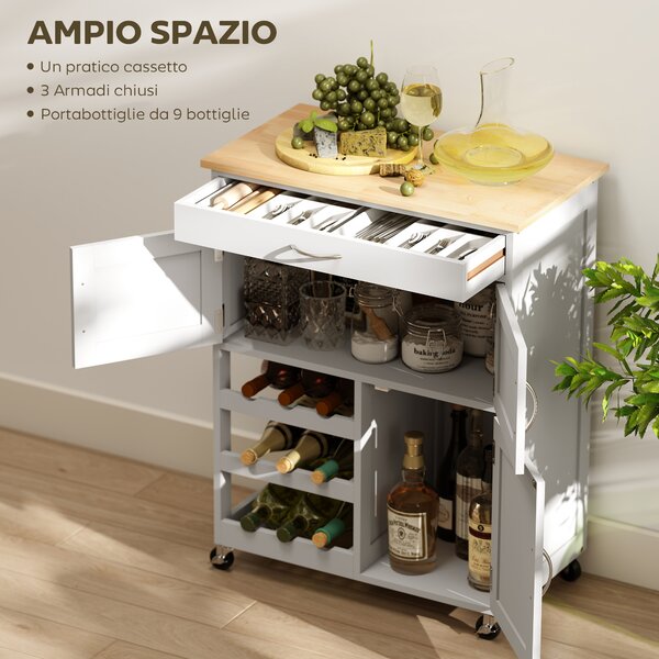 HOMCOM Carrelli Portavivande, Carrellino per Cucina in Legno Bianco con Portabottiglie 1 Cassetto e 3 Antine, 67x37x87cm|Aosom