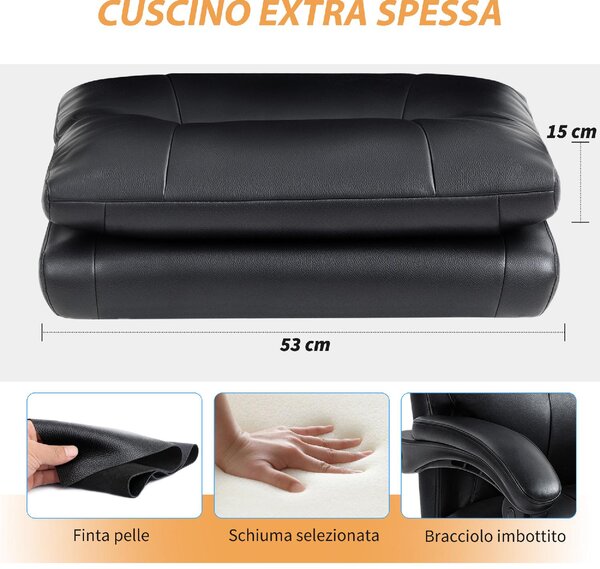 Icon Space Sedia da Ufficio con Ruote e Braccioli Reclinabile con Poggiapiedi e Poggiatesta in Ecopelle colore Nero