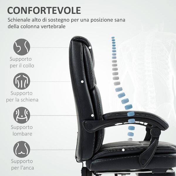 DecHome Sedia da Ufficio con Ruote e Braccioli Reclinabile con Poggiapiedi e Poggiatesta in Ecopelle colore Nero