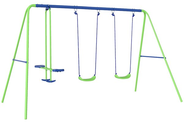Outsunny Set Altalene da Giardino per 4 Bambini, 1 Altalena Doppia e 2 Altalene Singole, Metallo e PE, 280x140x178cm, Verde Blu|Aosom