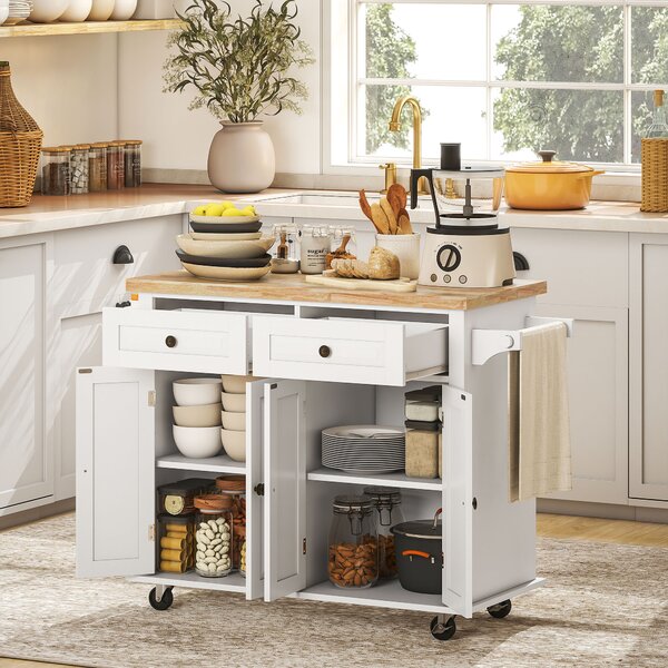 HOMCOM Carrello da Cucina in Legno Multifunzione Portavivande con Cassetti, Armadietti, Portaspezie e 4 Ruote,111x44.5x82.5cm, Bianco |Aosom
