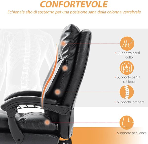Icon Space Sedia da Ufficio con Ruote e Braccioli Reclinabile con Poggiapiedi e Poggiatesta in Ecopelle colore Nero