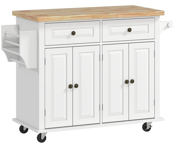 HOMCOM Carrello da Cucina in Legno Multifunzione Portavivande con Cassetti, Armadietti, Portaspezie e 4 Ruote,111x44.5x82.5cm, Bianco |Aosom