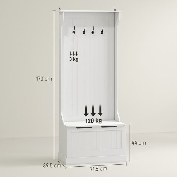 HOMCOM Appendiabiti con Panca Contenitore in MDF, per Casa e Ingresso, Max.100kg - 71.5 x 39.5 x 170cm, Bianco