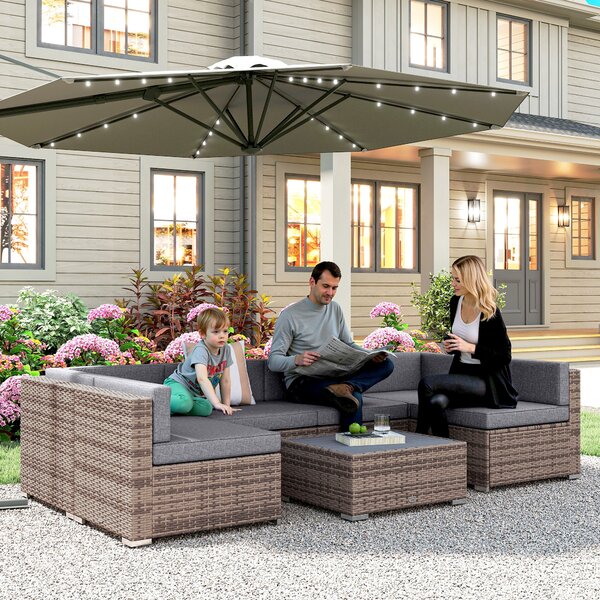 Outsunny Set da giardino con Tavolino, Divano Modulabile con Cuscini, Mobili da 7 Pezzi in Rattan, Grigio | Aosom Italy