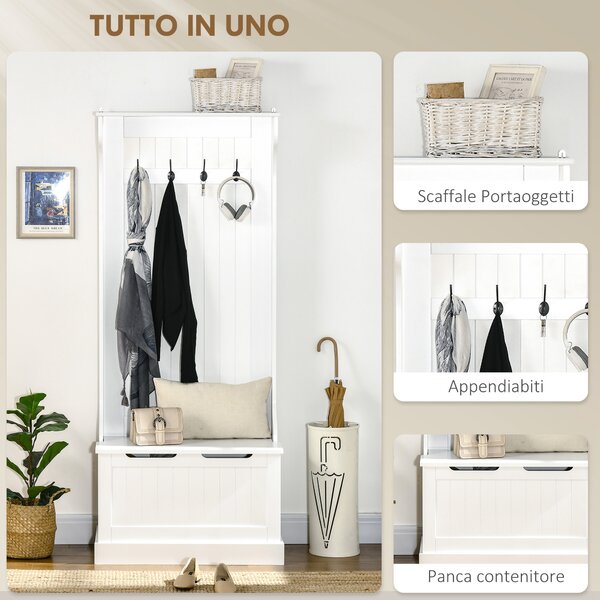 HOMCOM Appendiabiti con Panca Contenitore in MDF, per Casa e Ingresso, Max.100kg - 71.5 x 39.5 x 170cm, Bianco