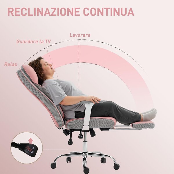DecHome Sedia da Ufficio con Ruote e Braccioli Reclinabile con Poggiapiedi e Poggiatesta in Ecopelle colore Rosa