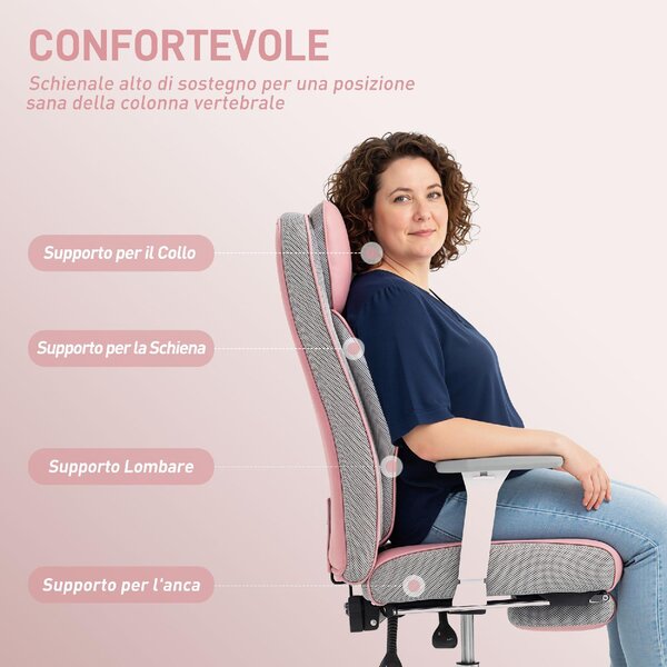 DecHome Sedia da Ufficio con Ruote e Braccioli Reclinabile con Poggiapiedi e Poggiatesta in Ecopelle colore Rosa