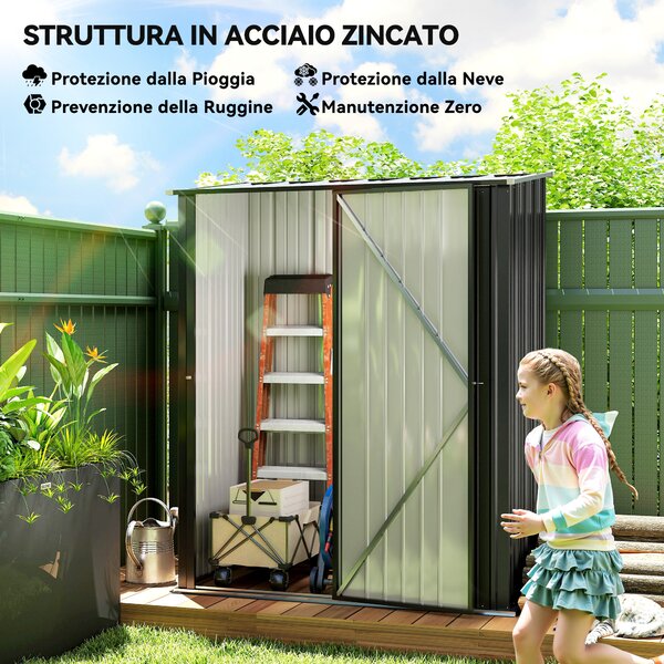Outsunny Casetta da Giardino con Serratura e tetto inclinato, Capanno Attrezzi Porta Utensili in Lamiera Acciaio, 161.5x94.5x196cm, Nero | Aosom Italy