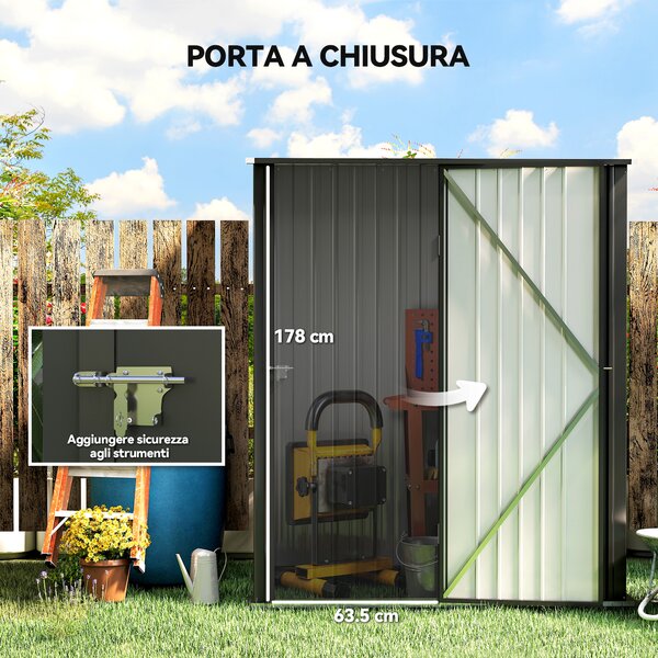 Outsunny Casetta da Giardino con Serratura e tetto inclinato, Capanno Attrezzi Porta Utensili in Lamiera Acciaio, 161.5x94.5x196cm, Nero | Aosom Italy